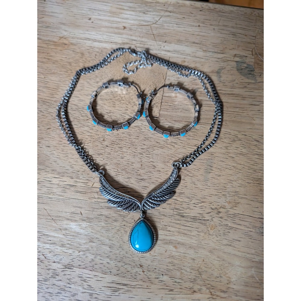 Silver Tone Angel Wing Turquoise Teardrop Necklace and Hoop Earring Set